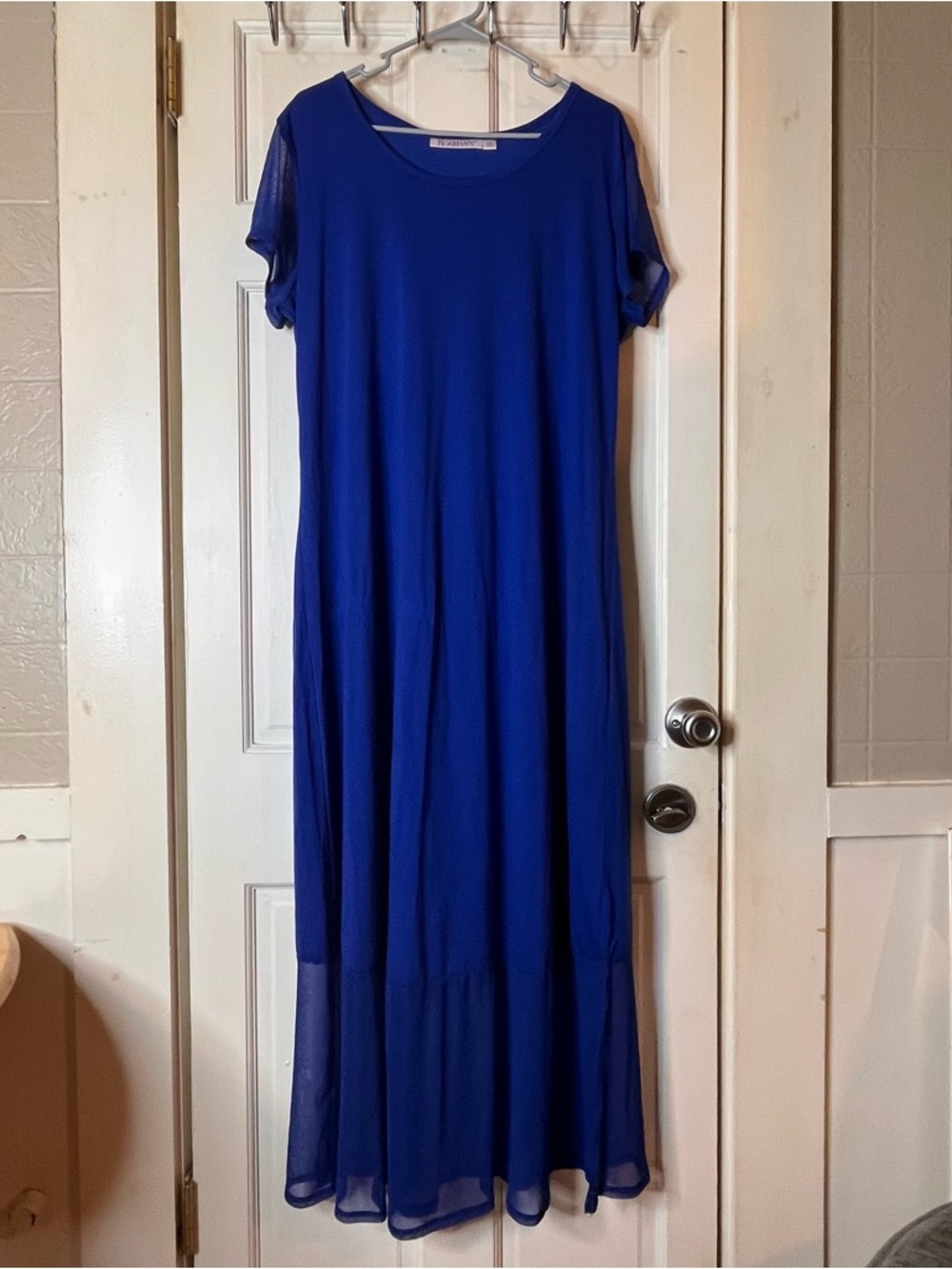 Roaman's Cobalt Blue Short-Sleeve Maxi Dress with Sheer Hem